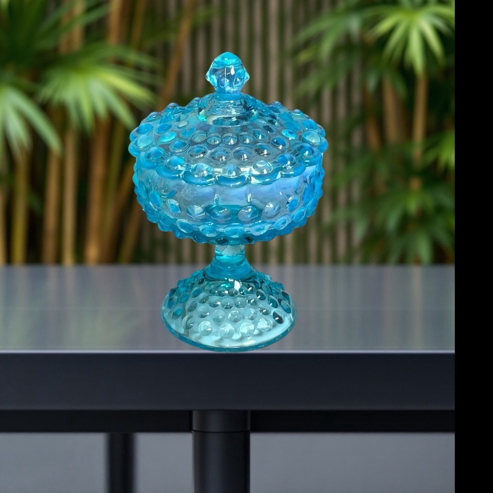 Vintage Fenton Blue Opalescent Glass Hobnail Footed Covered Candy Compote Dish